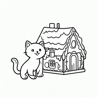 Gato na Casinha de Doces para colorir