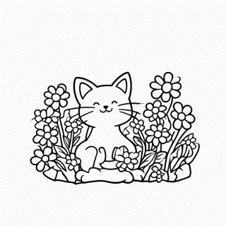 Gato entre Flores para colorir