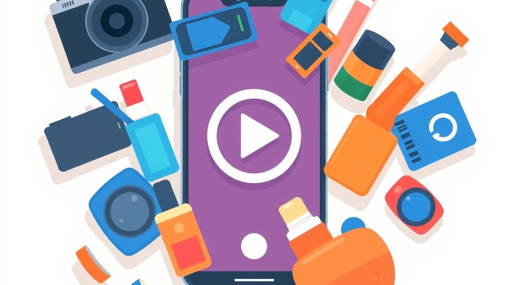 Produtos virais do TikTok em destaque: esponjas, gadgets, acessórios e itens de beleza espalhados em fundo colorido