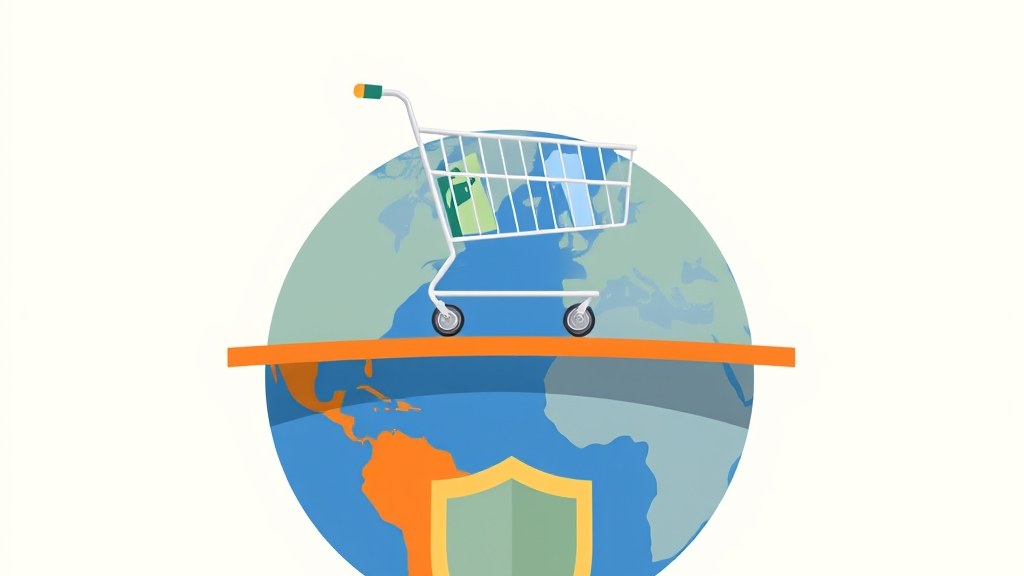 Carrinho de compras digital flutuando sobre um globo com moedas e caixas de entrega ao redor