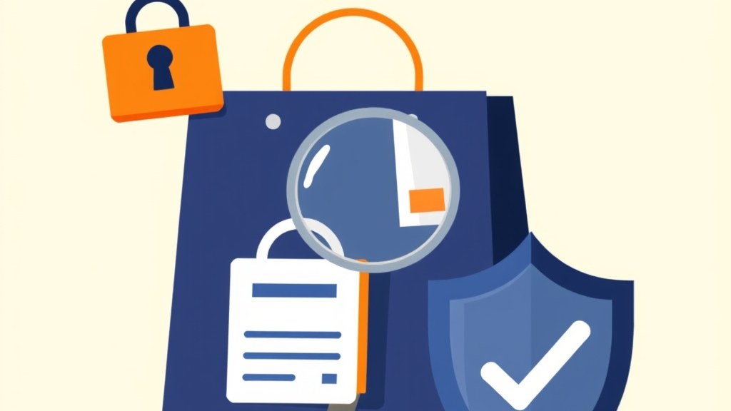 Ilustração vetorial de um carrinho de compras com escudo de proteção, cercado por etiquetas de preço em queda e ícones de alerta, representando compras seguras na Black Friday
