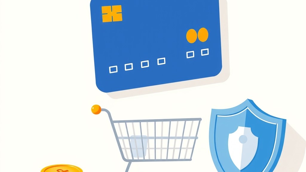 Cartão de crédito flutuando sobre ícones de carrinho de compras, escudo de proteção e moedas, representando compras online seguras com benefícios
