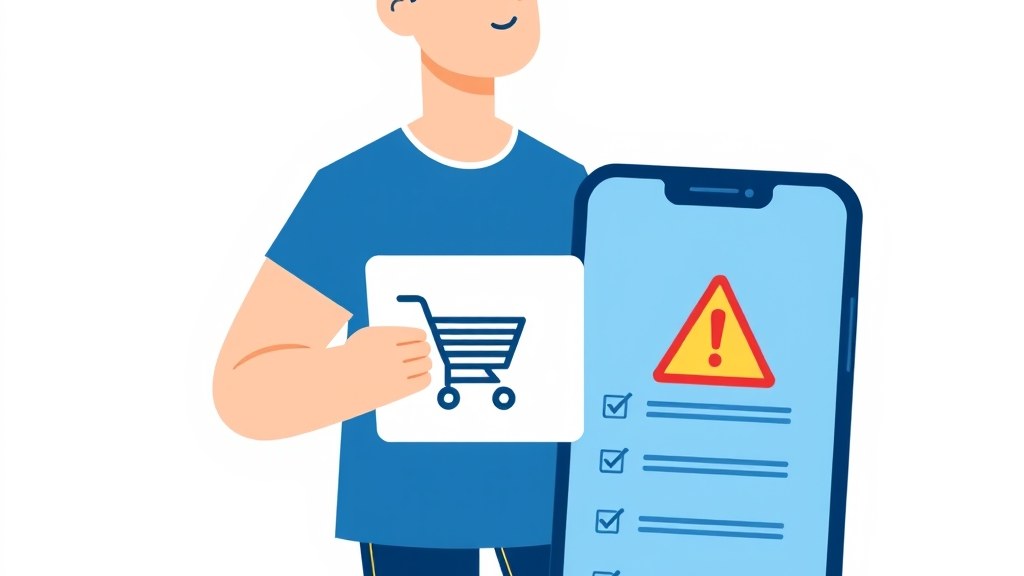 Consumidor segurando um escudo com símbolo de proteção enquanto analisa uma tela de compra online com alerta de preço incorreto