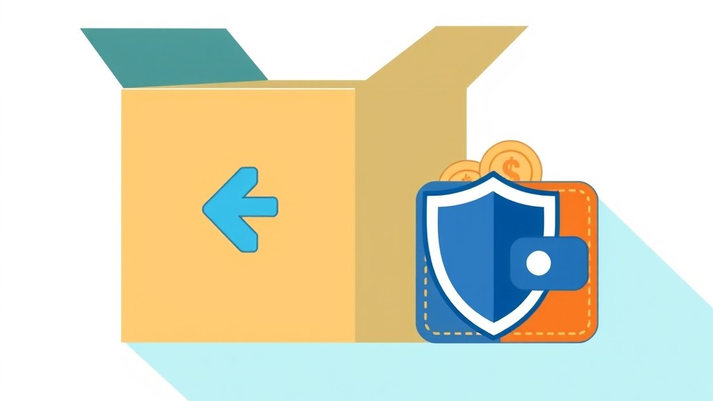 Ilustração de uma caixa de e-commerce sendo devolvida com uma seta indicando reembolso em moedas