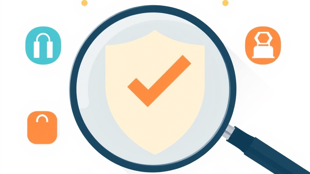 Ilustração vetorial plana mostrando um escudo com cadeado no centro, rodeado por ícones de lupa, carrinho de compras e selos de verificação