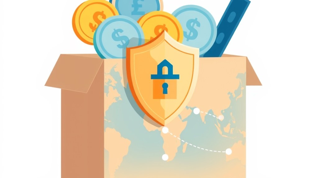 Caixas de encomendas internacionais ao lado de moedas e escudo de proteção ao consumidor, representando compras no exterior com taxas e segurança