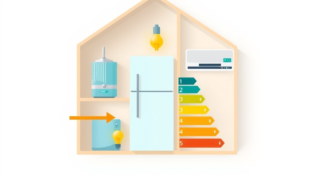 Ilustração de eficiência energética em casa: chuveiro, geladeira e ar-condicionado com escala de classificação de eficiência