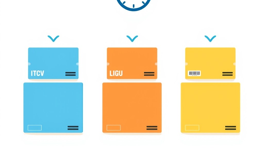 Três caixas de entrega com as cores de Magalu, Amazon e Mercado Livre lado a lado, com um cronômetro ao centro representando a velocidade
