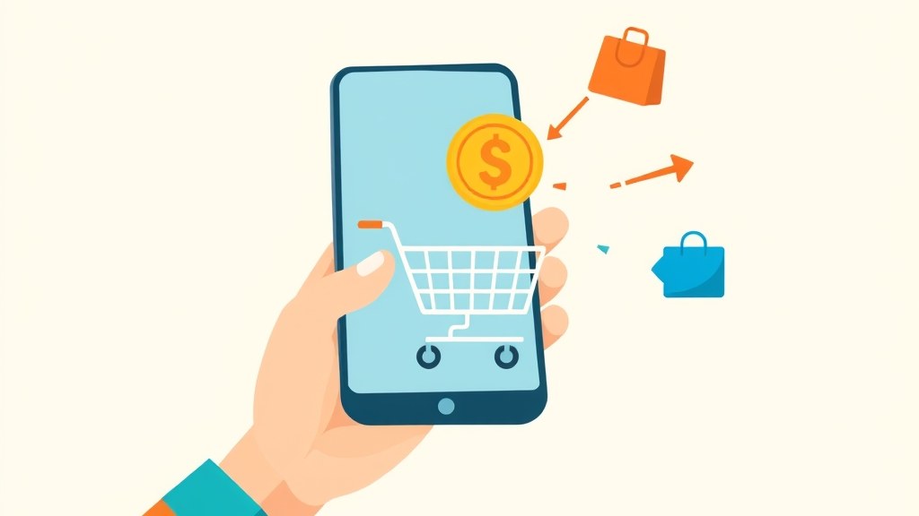Comparativo visual de aplicativos de cashback com moedas e ícones de compras em fundo digital