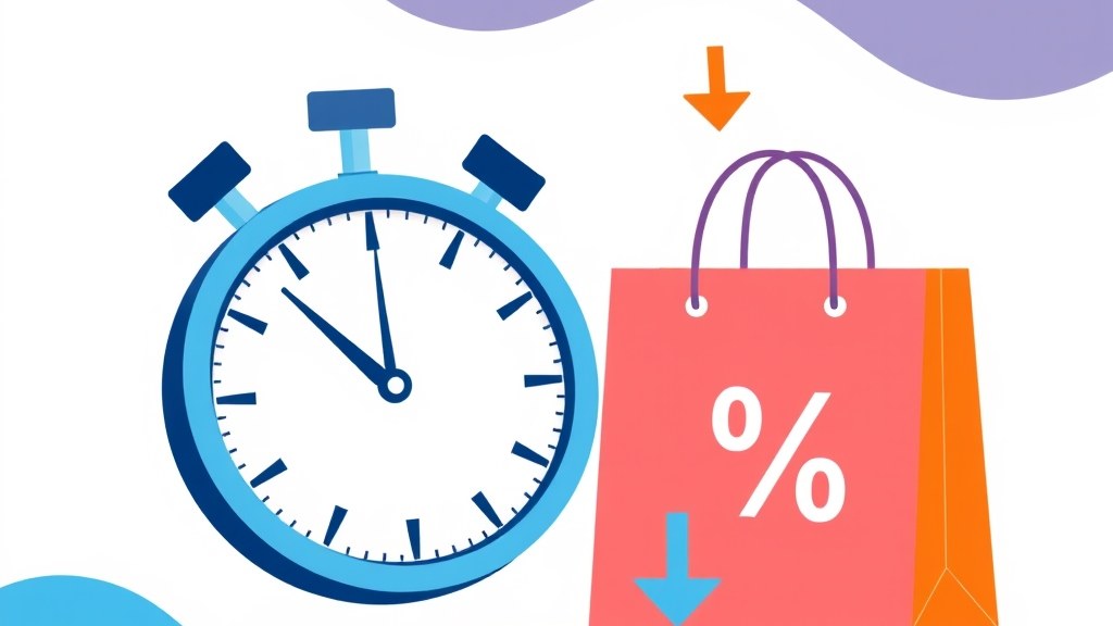 Cronômetro digital com carrinho de compras e sacolas — representando a urgência das promoções relâmpago