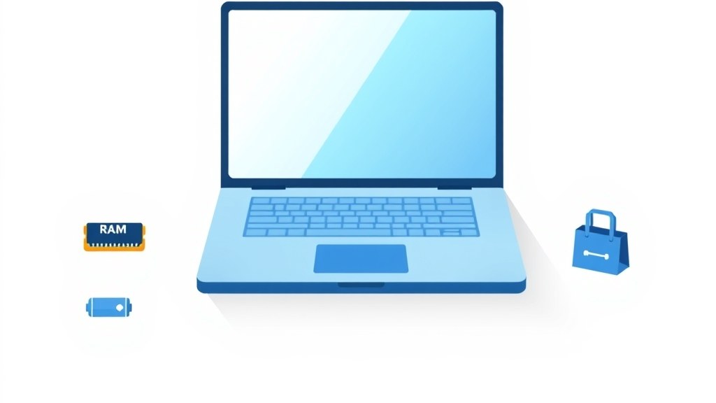 Notebook aberto sobre mesa com tela iluminada e teclado retroiluminado, representando produtividade no trabalho