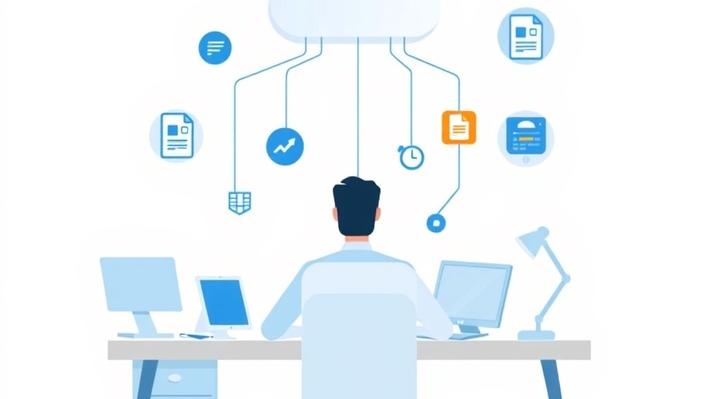 Dispositivos conectados mostrando ícones do Microsoft 365 em tela, com nuvem de armazenamento ao fundo