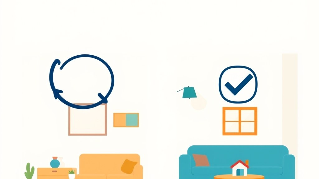 Ilustração de um apartamento dividido ao meio: lado esquerdo com móveis alugados em assinatura, lado direito com móveis comprados e parcelados
