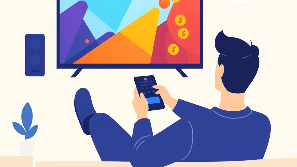 Pessoa em frente à televisão avaliando planos de streaming em um tablet, com ícones de moedas e listas de séries ao redor
