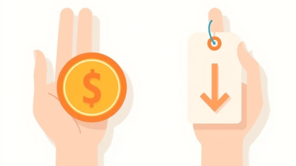 Balança equilibrando uma moeda de cashback e uma etiqueta de desconto à vista, ilustrando a comparação entre os dois benefícios