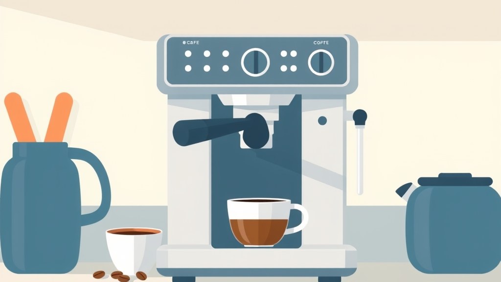 Ilustração vetorial de uma cafeteira expresso sobre bancada de cozinha com xícara e grãos de café ao redor