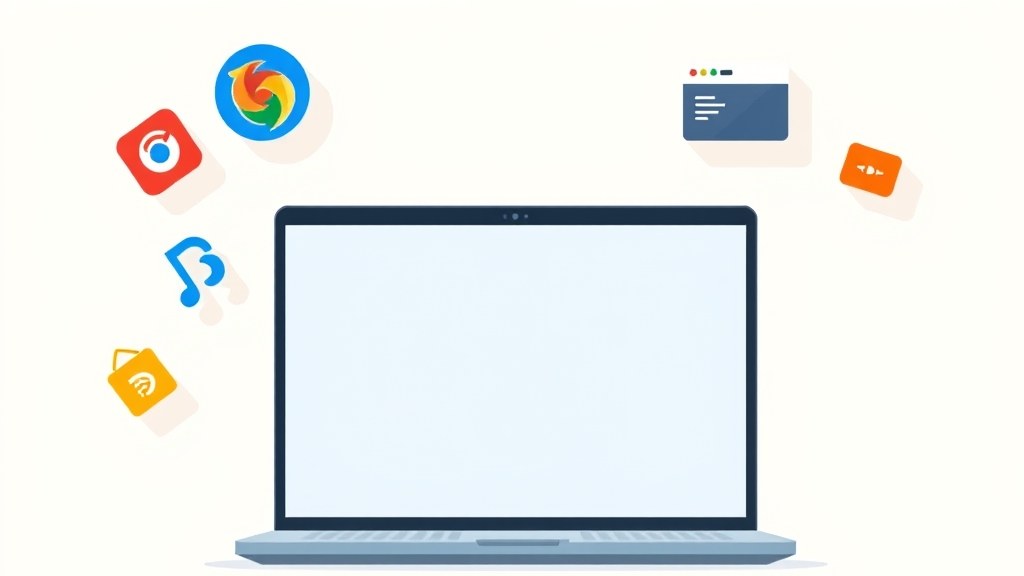 Chromebook aberto sobre mesa com ícones de apps flutuando ao redor, fundo claro e design moderno