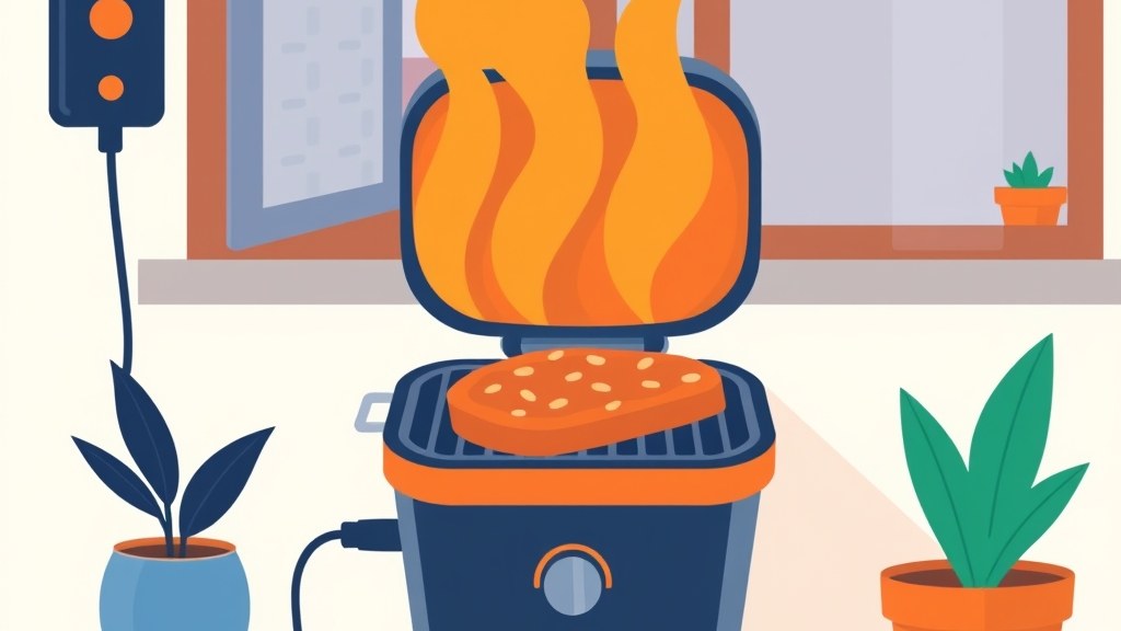 Churrasqueira elétrica compacta sobre bancada de varanda de apartamento, com carne grelhada e fumaça mínima