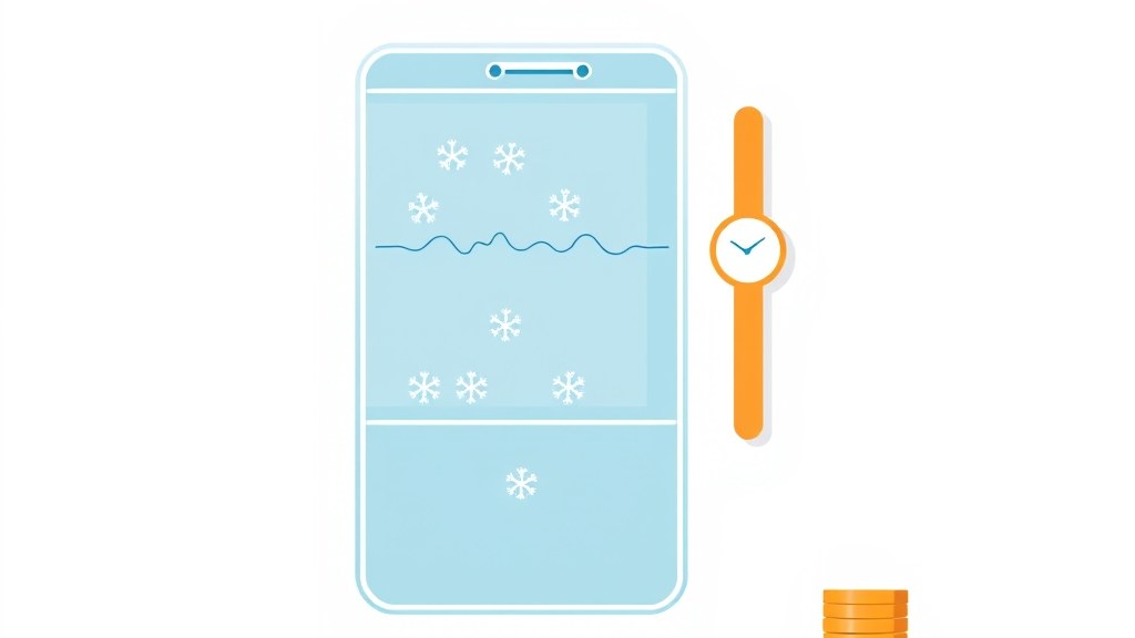 Ilustração de uma geladeira moderna com compressor inverter e setas indicando fluxo eficiente de energia