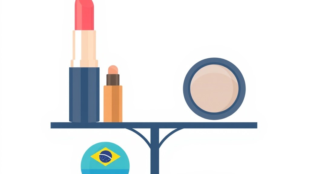 Dois grupos de produtos de maquiagem lado a lado — nacionais à esquerda, importados à direita — sobre fundo claro