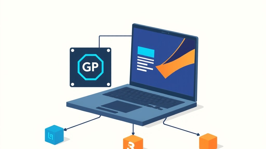 Notebook aberto com chip gráfico dedicado em destaque, circundado por ícones de games, vídeo e design 3D