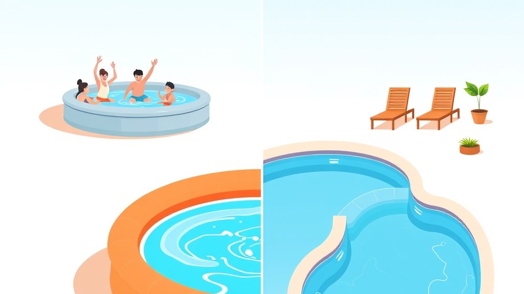 Comparação entre piscina inflável colorida e piscina de fibra de vidro instalada em quintal com deck de madeira