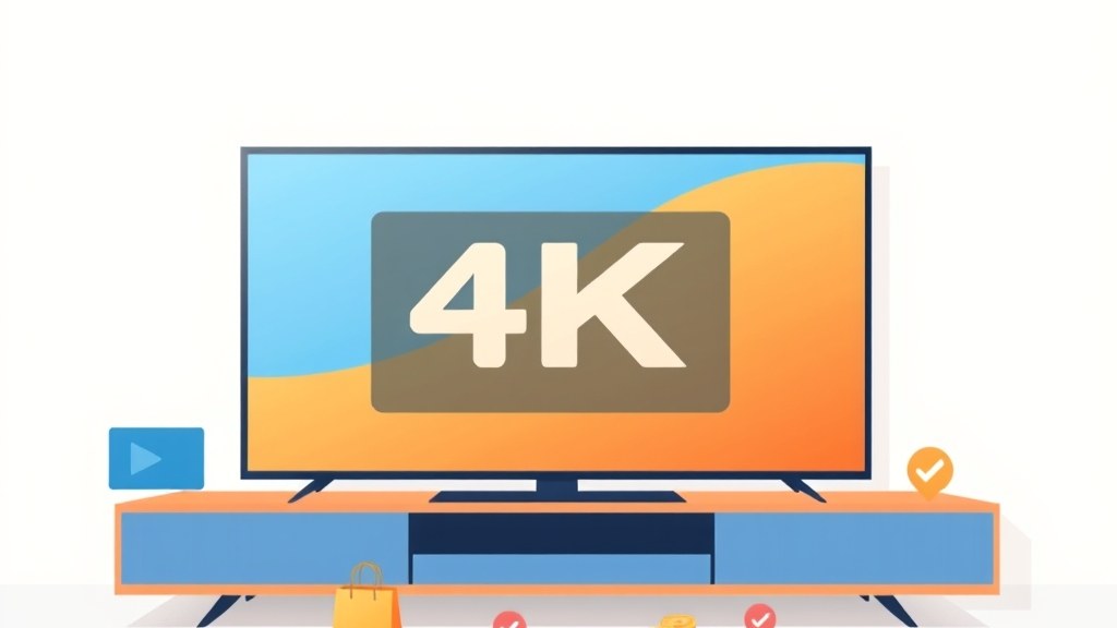 Ilustração vetorial de uma Smart TV 4K com ícones de streaming ao redor e um carrinho de compras ao fundo