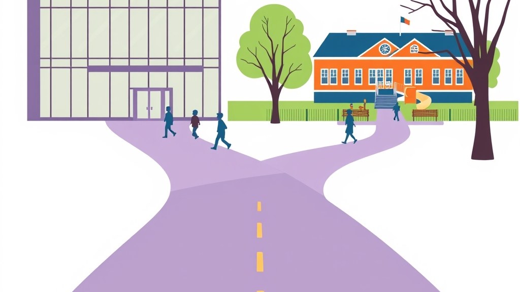 Ilustração mostrando dois caminhos escolares distintos: prédio escolar moderno ao lado de escola pública com pátio aberto, representando a escolha entre os dois modelos