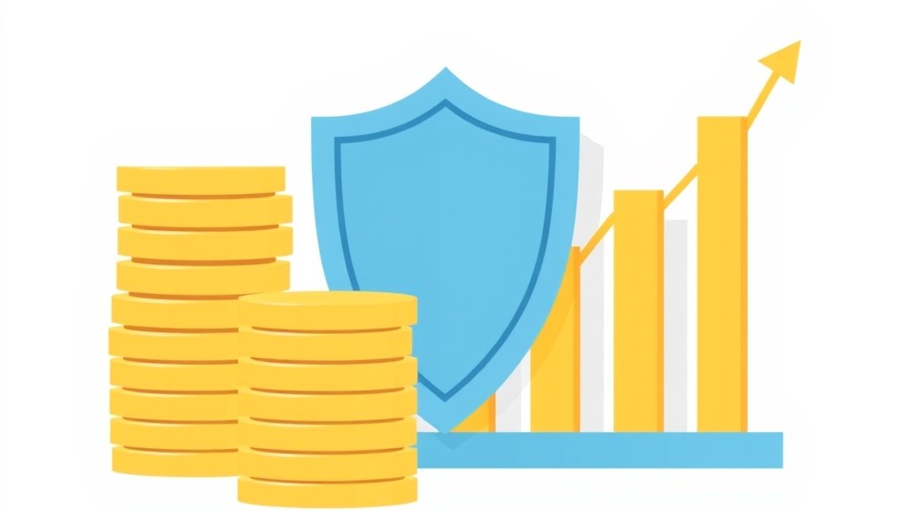 Ilustração vetorial de moedas douradas empilhadas ao lado de um escudo de proteção, representando rendimento seguro e garantia do FGC no investimento em CDB
