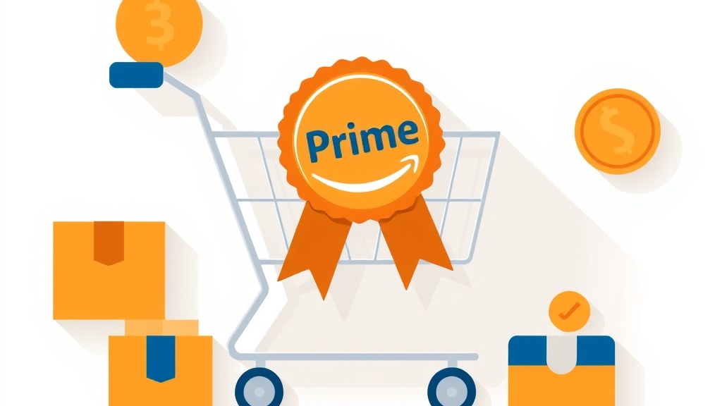 Carrinho de compras com símbolo Prime da Amazon, cercado de caixas de entrega e moedas, representando a decisão de assinar pelo frete grátis