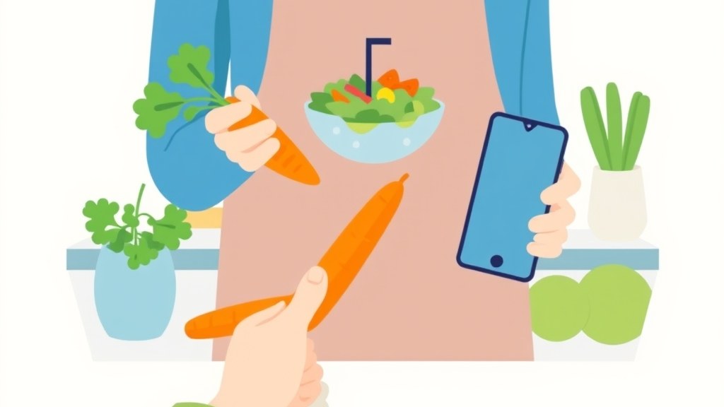 Pessoa na cozinha analisando alimentos em uma tigela ao lado de um celular com app de dieta aberto