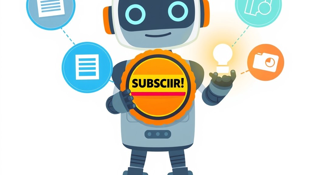 Ilustração de um robô assistente cercado de ícones de produtividade como gráficos, documentos e engrenagens