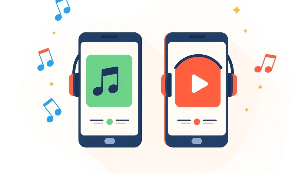 Ilustração vetorial plana comparando Spotify e YouTube Music: dois smartphones lado a lado, um com paleta verde e outro com paleta vermelha, notas musicais ao redor