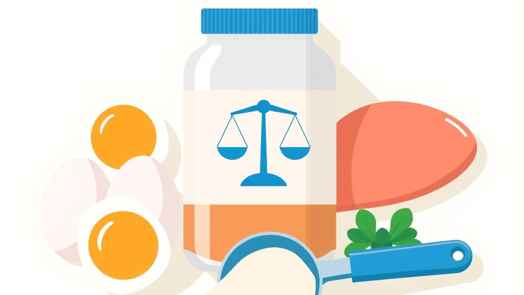 Ilustração de potes de whey protein ao lado de alimentos proteicos como ovos e frango, representando a comparação entre suplemento e dieta natural