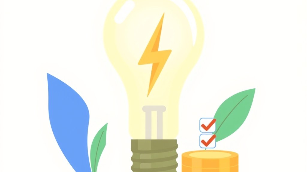 Lâmpada LED acesa ao lado de uma lâmpada incandescente apagada, com raios de luz saindo da LED e ícones de moeda e folha verde ao redor
