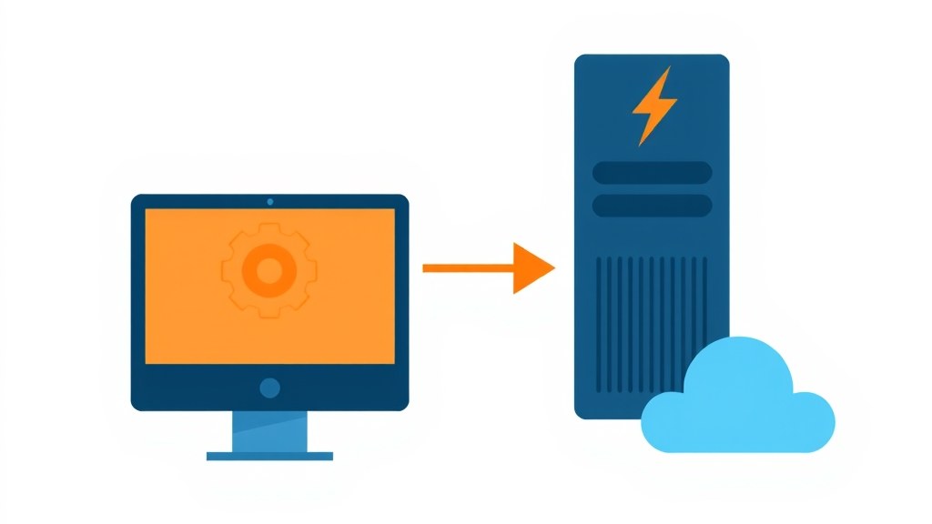 Ilustração mostrando um computador pessoal com engrenagens e um servidor em nuvem conectados por setas, representando a escolha entre IA local e API na nuvem