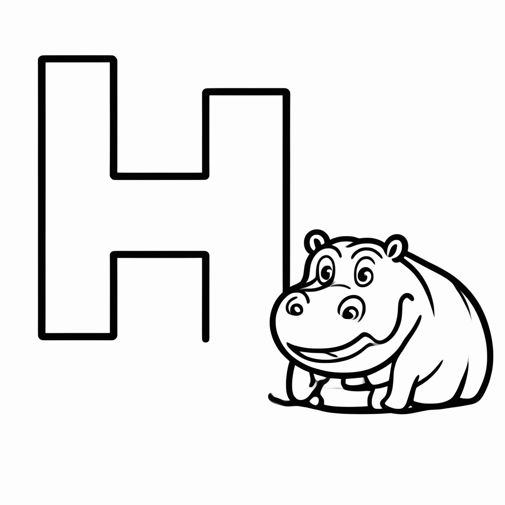 Desenho de H de Hipopotamo para colorir e imprimir grátis em folha A4