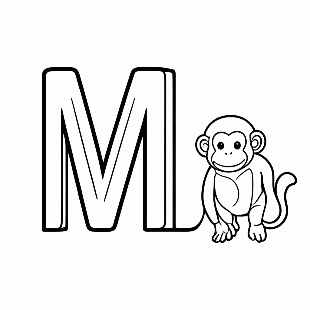 Desenho de M de Macaco para colorir e imprimir grátis em folha A4