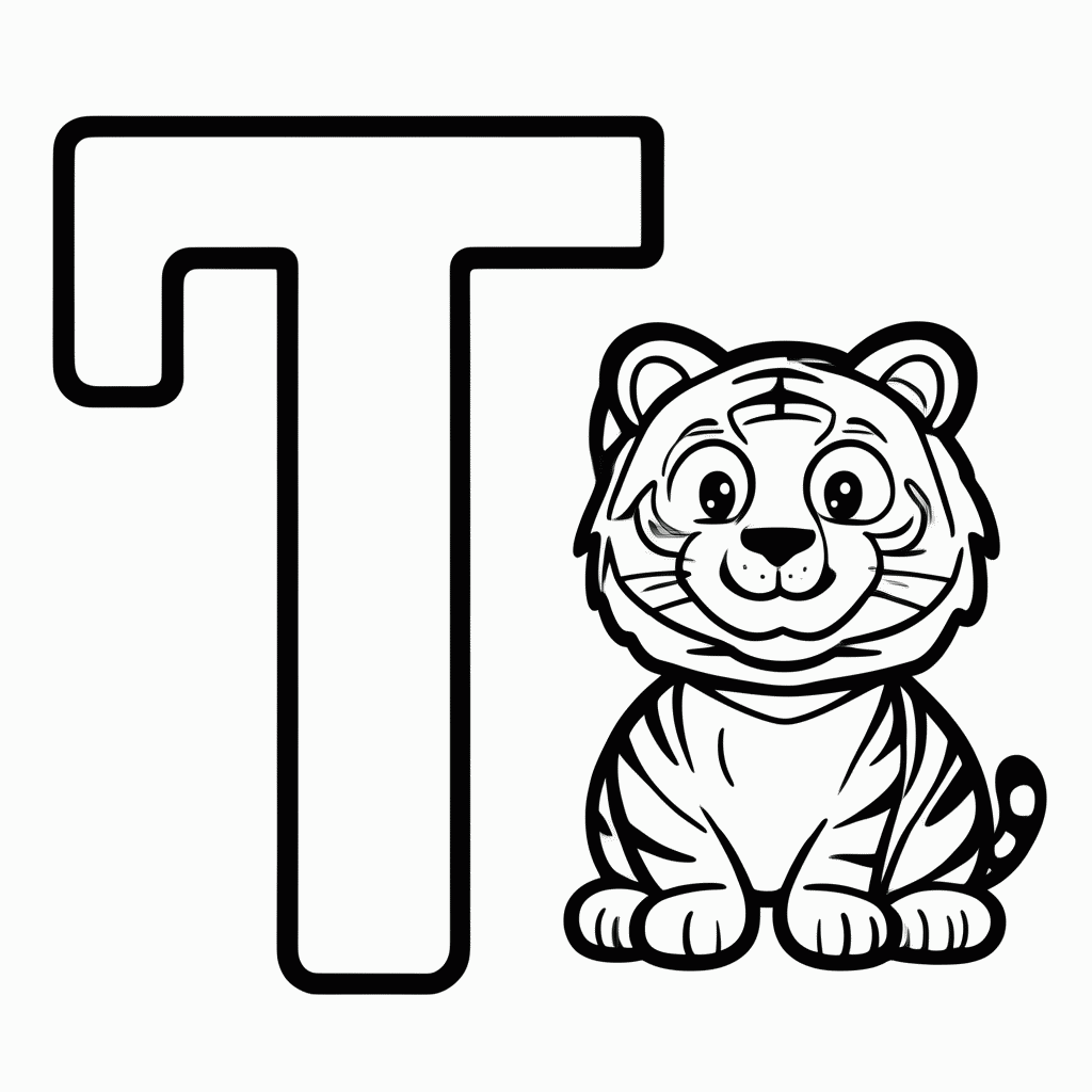 Desenho de T de Tigre para colorir e imprimir grátis em folha A4