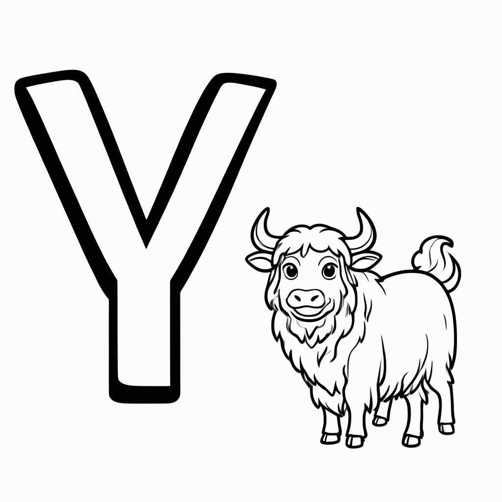 Desenho de Y de Yak para colorir e imprimir grátis em folha A4