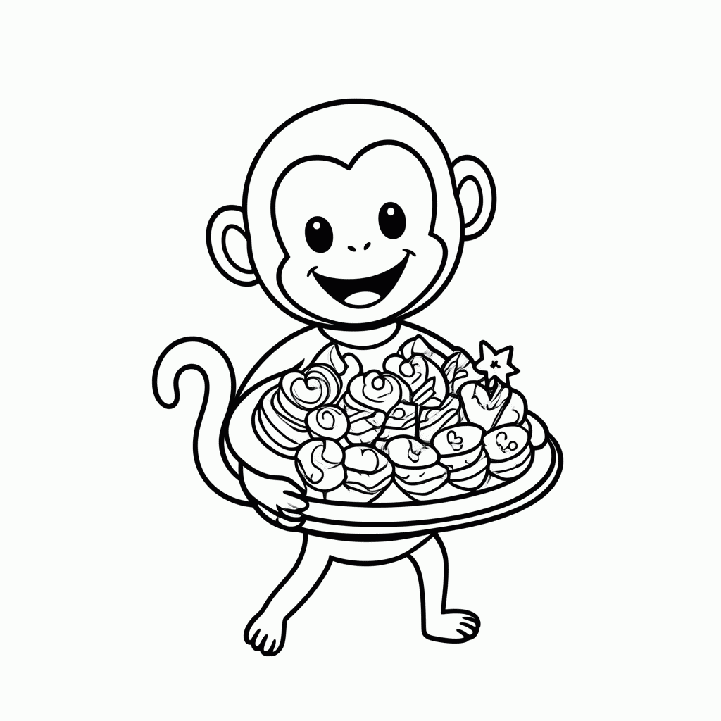 Desenho de Macaco com Doces para colorir e imprimir grátis em folha A4