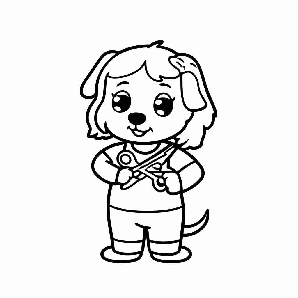 Desenho de Cachorro com Tesoura para colorir e imprimir grátis em folha A4