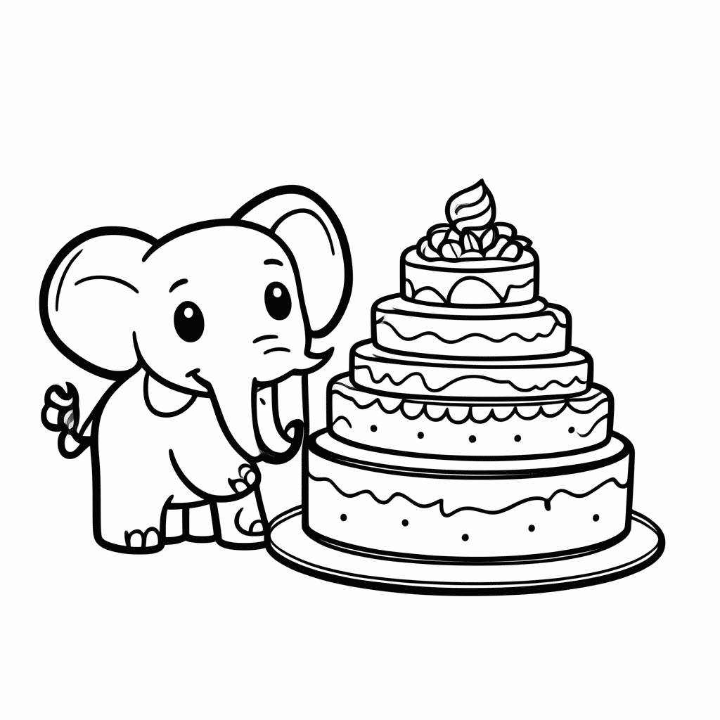 Desenho de Elefante no Bolo Gigante para colorir e imprimir grátis em folha A4