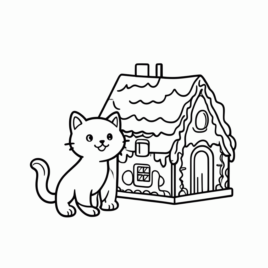 Desenho de Gato na Casinha de Doces para colorir e imprimir grátis em folha A4