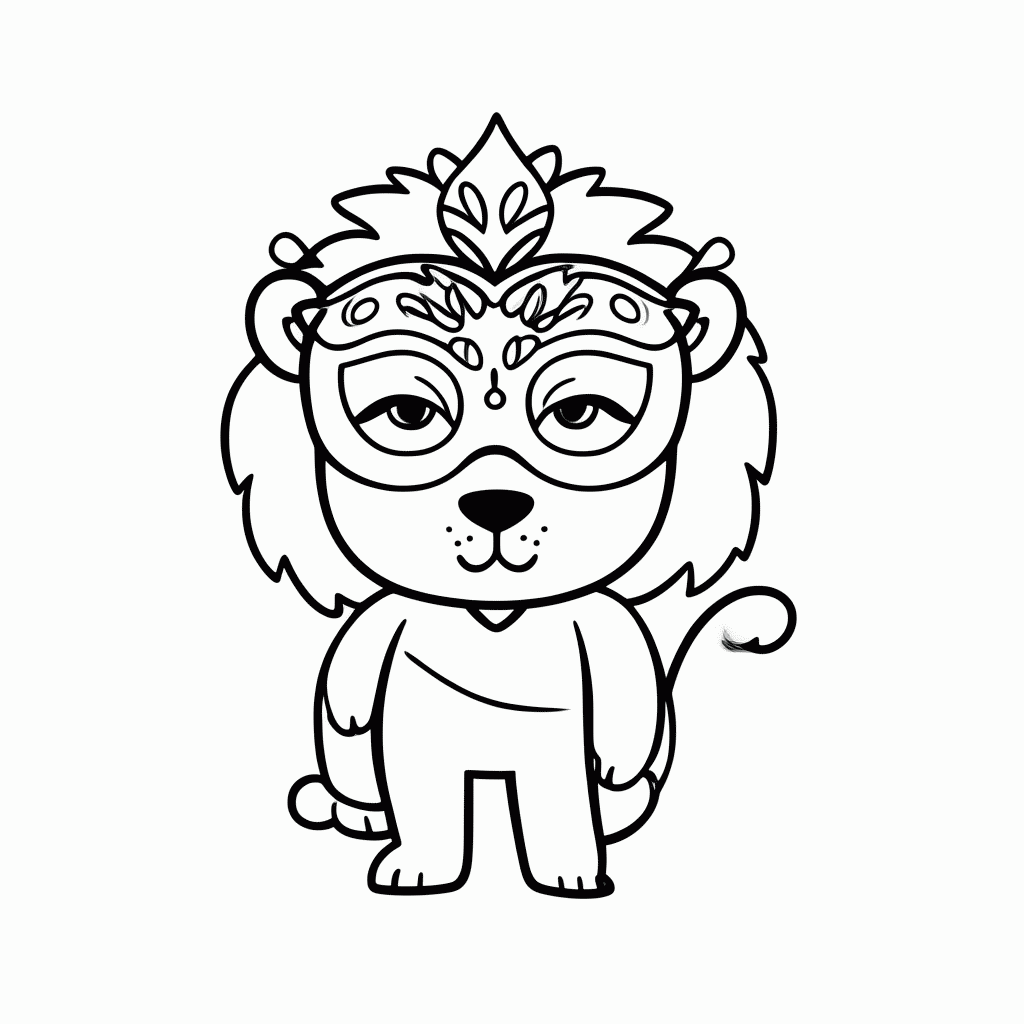 Desenho de Leão com Máscara para colorir e imprimir grátis em folha A4