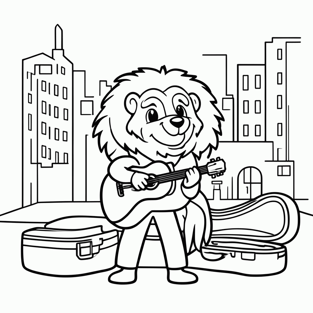 Desenho de Leão Músico de Rua para colorir e imprimir grátis em folha A4