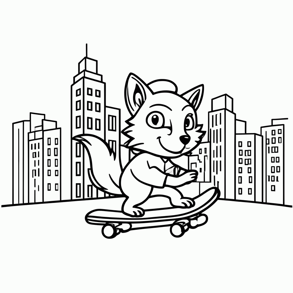 Desenho de Raposa de Skate na Cidade para colorir e imprimir grátis em folha A4