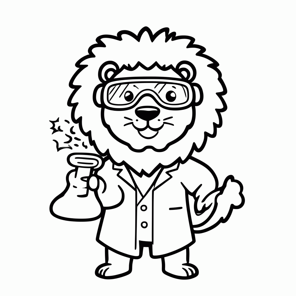 Desenho de Leão Cientista para colorir e imprimir grátis em folha A4