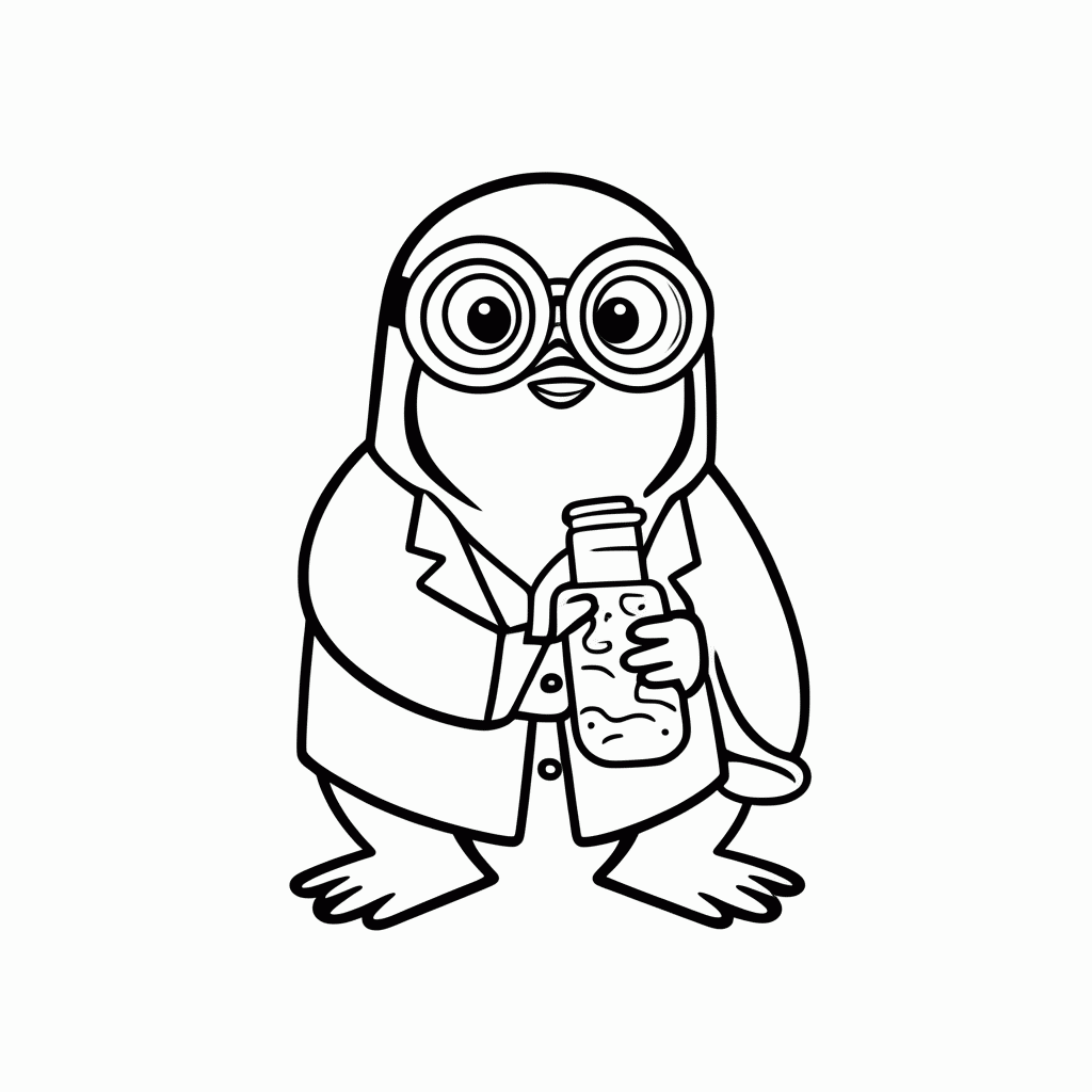 Desenho de Pinguim Cientista para colorir e imprimir grátis em folha A4