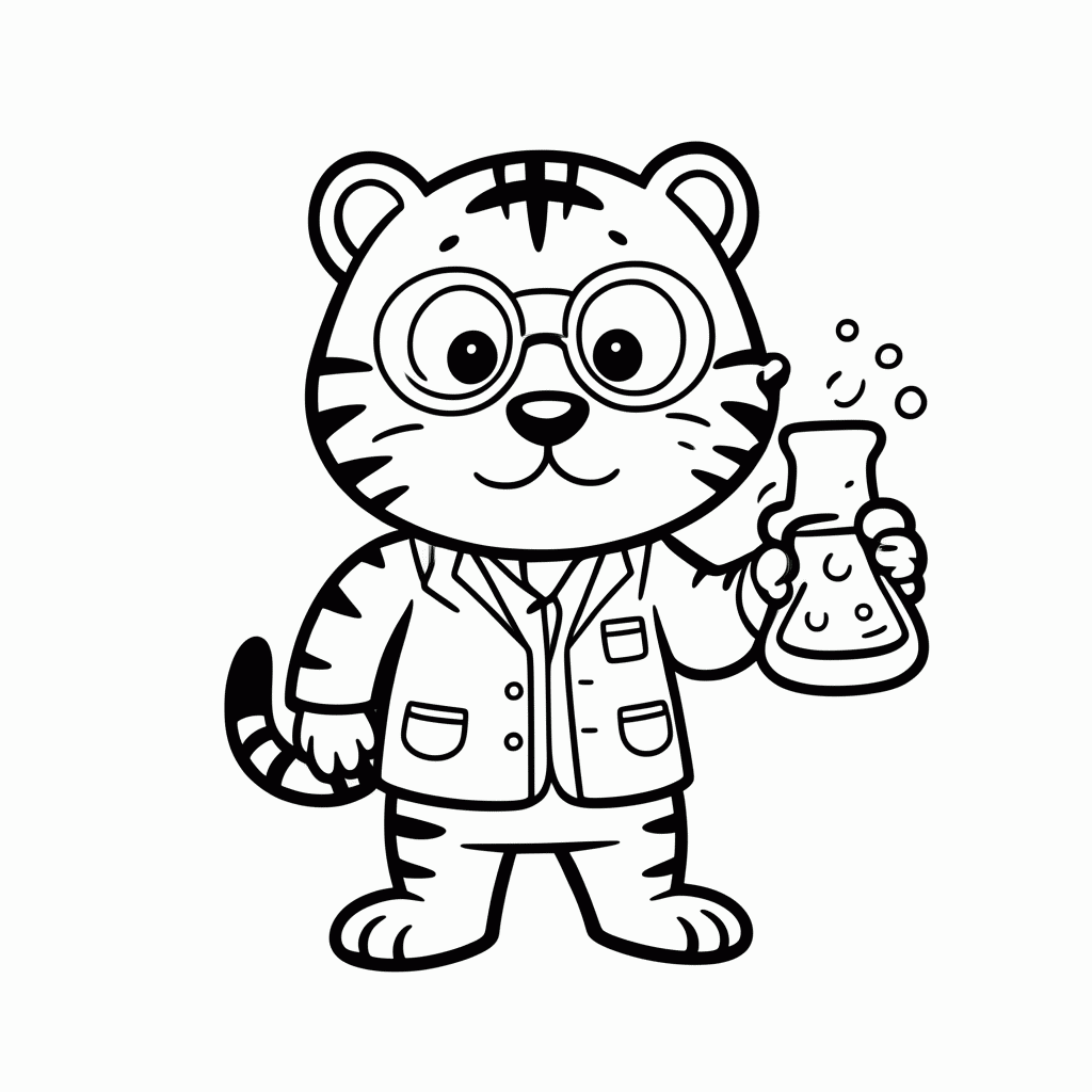 Desenho de Tigre Cientista para colorir e imprimir grátis em folha A4